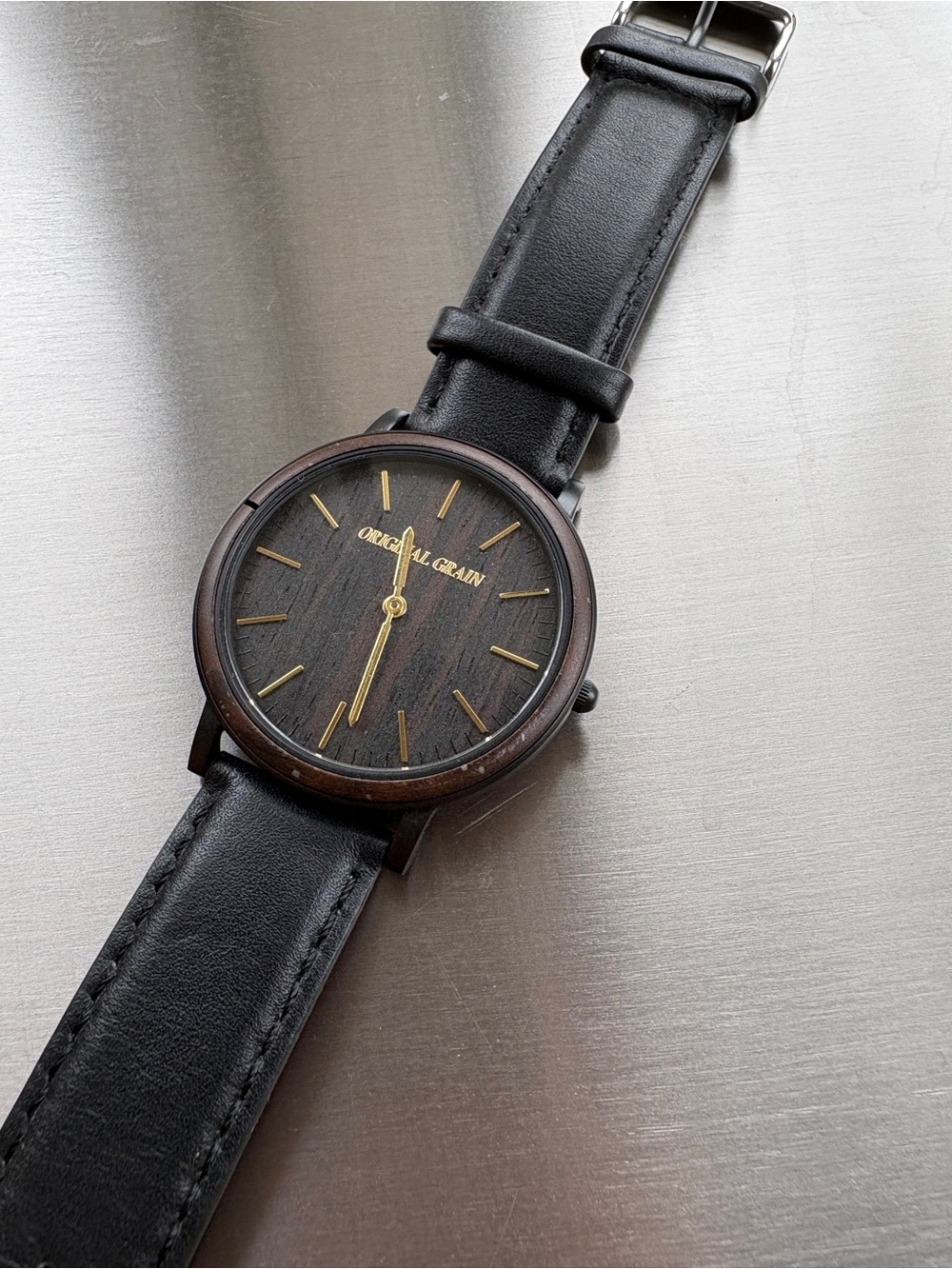 Original Grain Men's Black Leather Wood Dial Watch